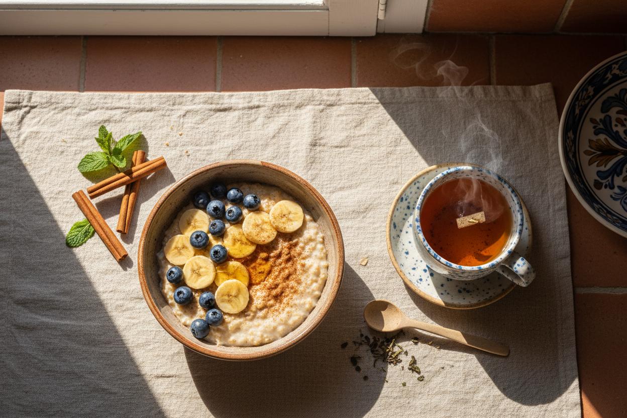 Papa de aveia com fruta fresca e chá